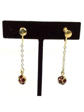 Vintage Gold Dangle Earrings With Red Faceted Stones & Screw Back Closure